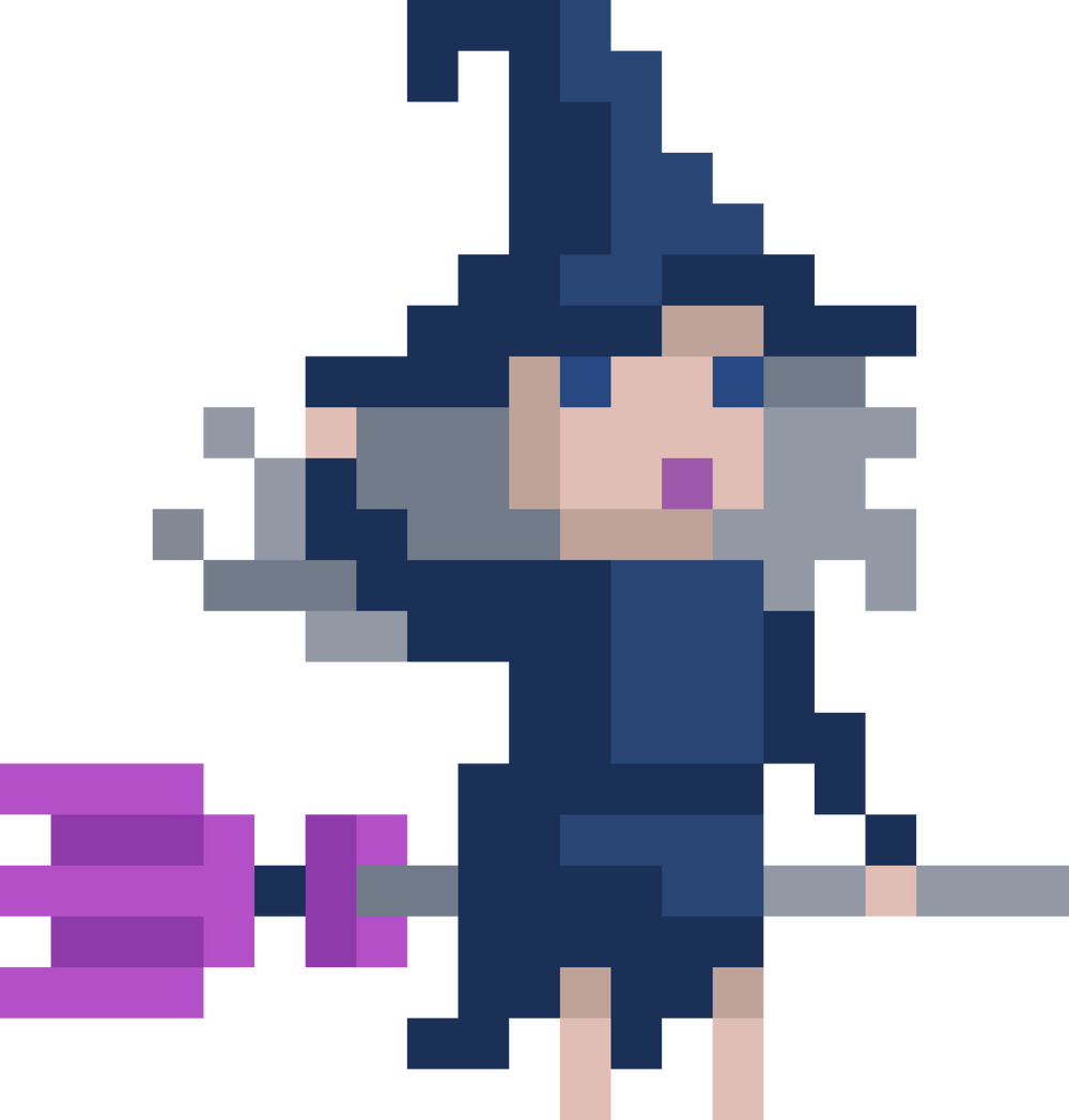 Witch flying on a broomstick. Pixel art character