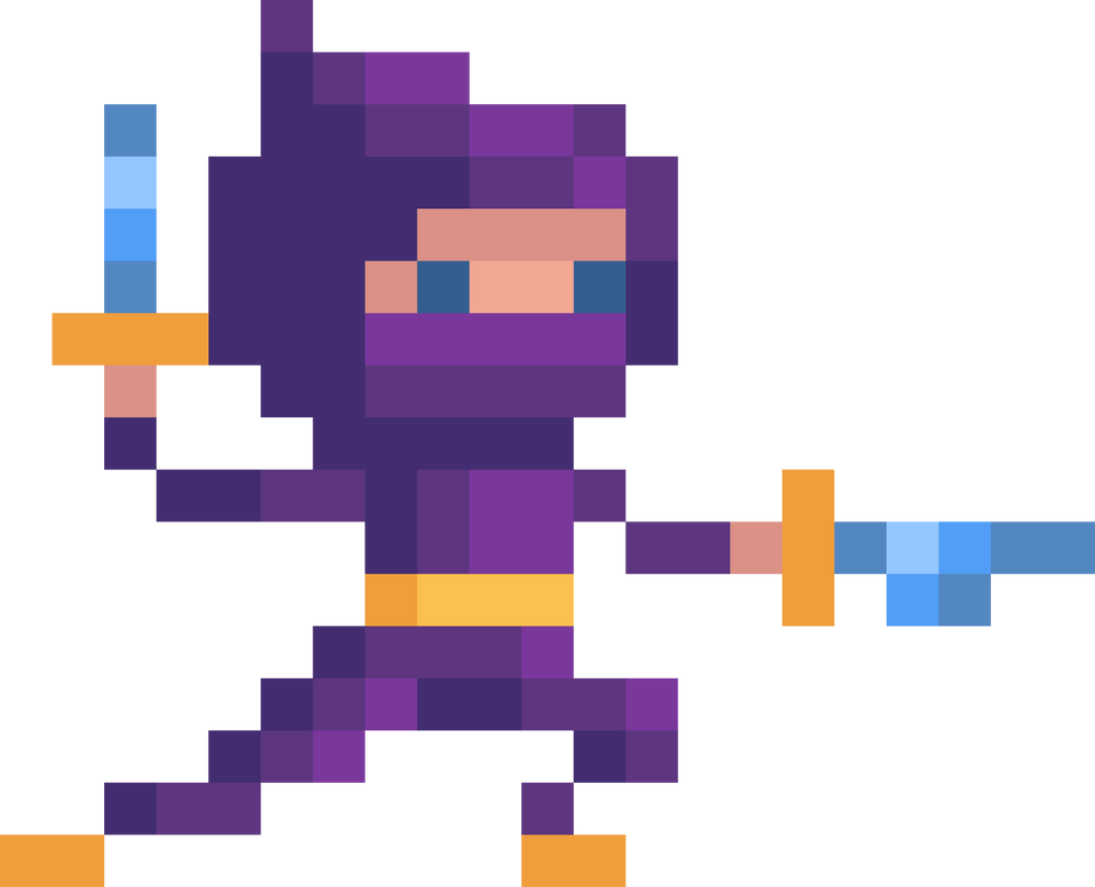 Ninja with ancient weapon. Pixel art character in 8 bit style